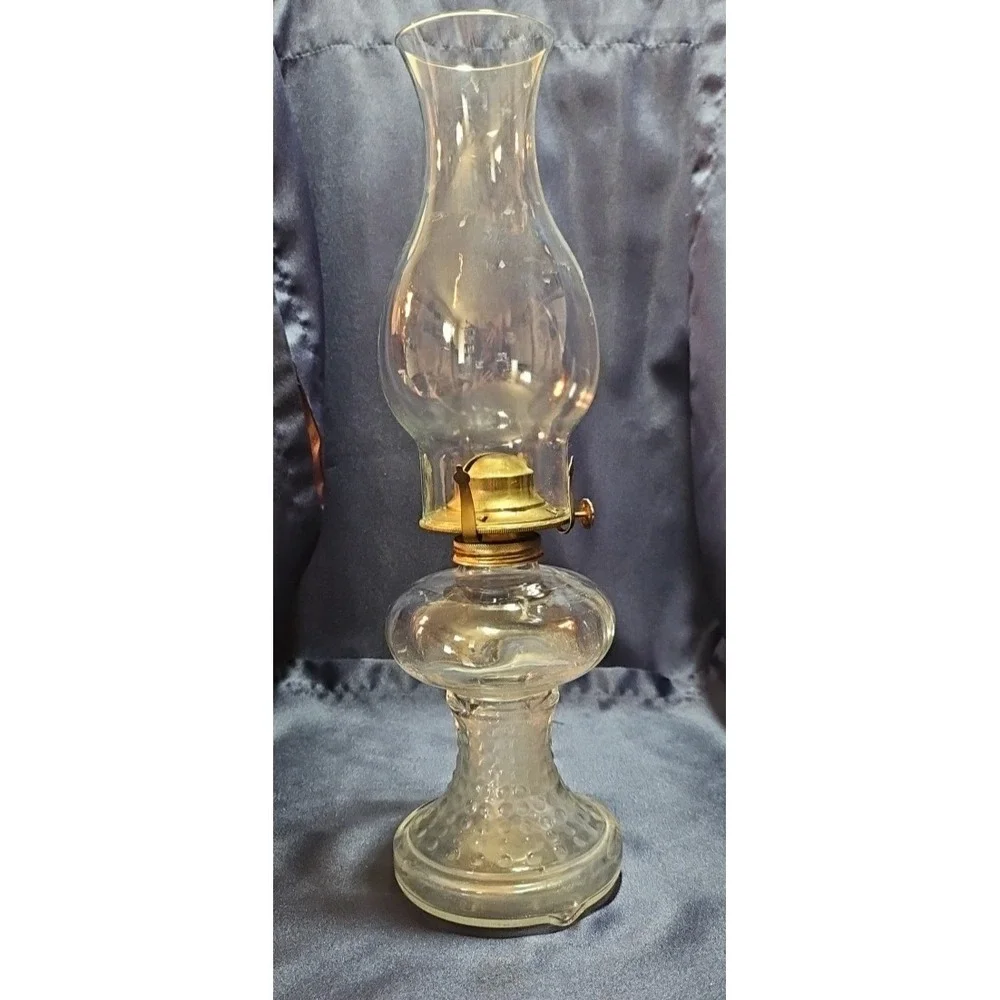 Vintage Clear Hobnail Glass Kerosene Oil Lamp with Chimeny‎ shade; J-2090